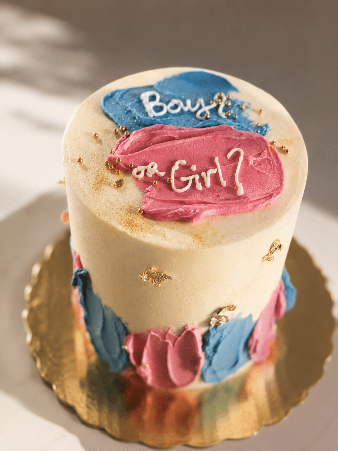 Gender Reveal Cake with blue and pink buttercream, gold leaf accents, and 