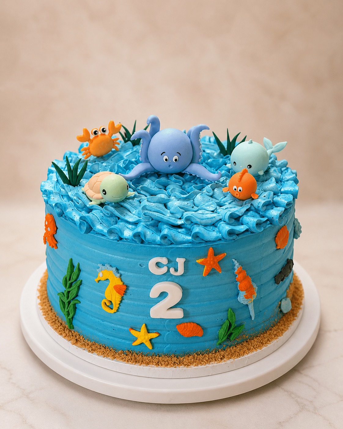 Custom Under The Sea birthday cake with ocean animals, buttercream waves, and sea-themed decorations by Crumbly NYC
