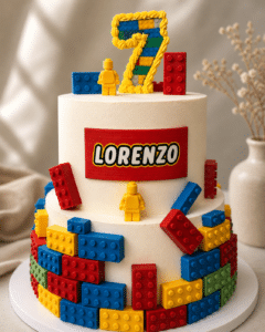 Colorful custom LEGO birthday cake with edible building blocks and personalized name topper by Crumbly NYC