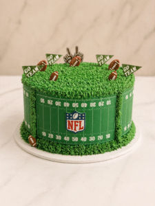 Custom NFL sports cake NYC with football design and team colors by Crumbly Café & Bakery