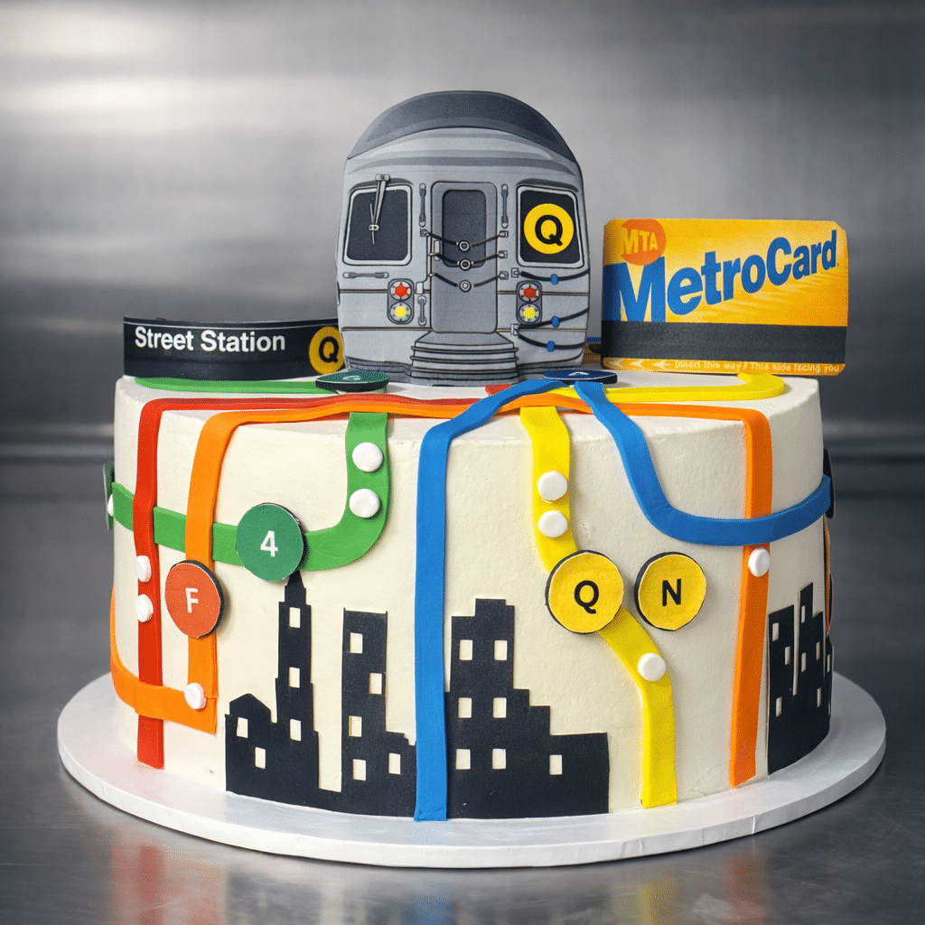 Custom NYC subway cake with train design and bold colors