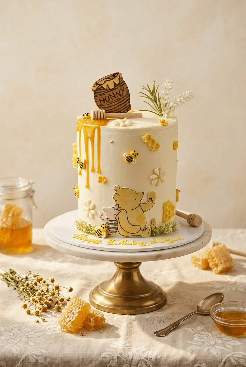 Custom Winnie the Pooh Cake with pastel buttercream, honey pot details, clouds, balloons, and storybook-inspired decorations by Crumbly Cafe & Bakery NYC.