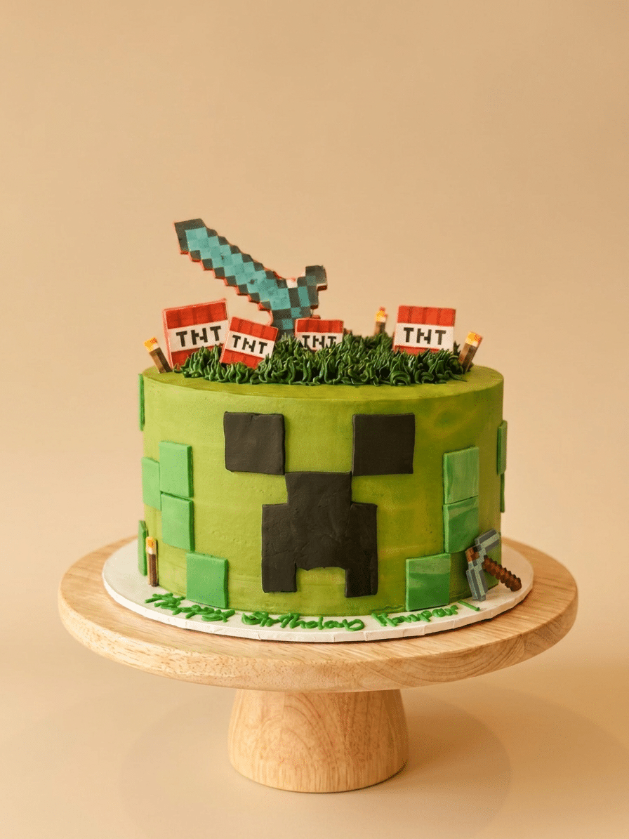 Custom Minecraft Birthday Cake with pixel-inspired buttercream details, creeper decorations, block textures, and themed gaming elements by Crumbly Cafe & Bakery NYC.