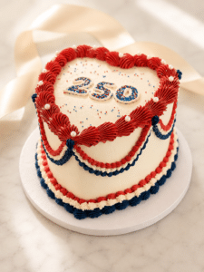 Patriotic Vintage Cake with elegant red, white, and blue buttercream piping by Crumbly NYC