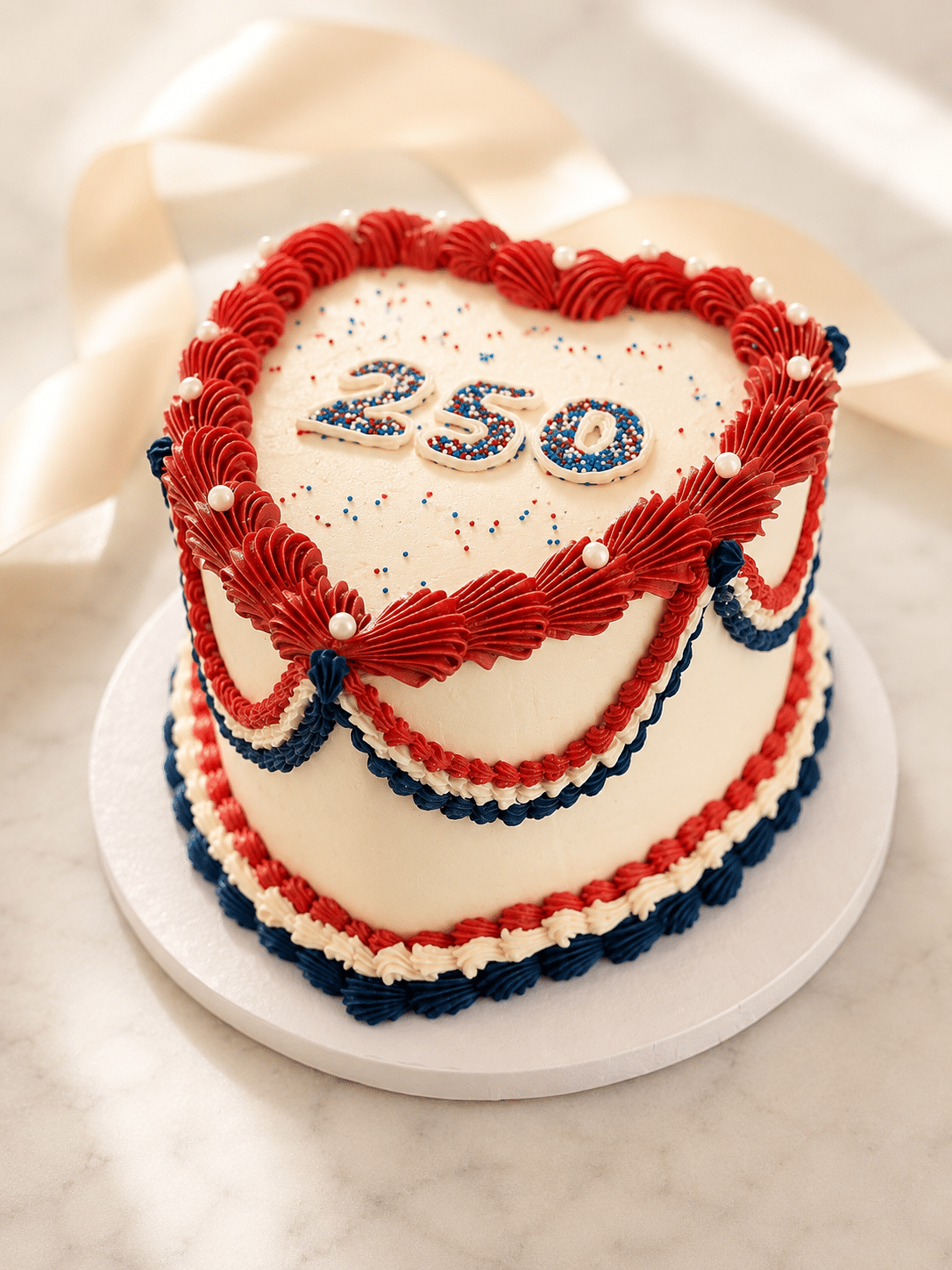 Patriotic Vintage Cake with elegant red, white, and blue buttercream piping by Crumbly NYC