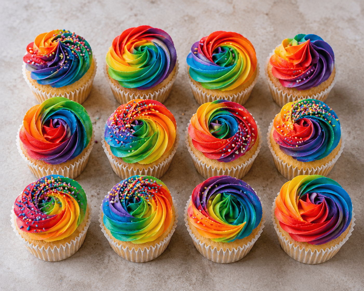 Rainbow Pride Cupcakes with colorful rainbow frosting and vibrant Pride Month decorations by Crumbly NYC Title