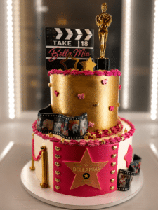 Hollywood Walk of Fame Cake with gold stars, film reels, red carpet details, and award-style topper by Crumbly NYC