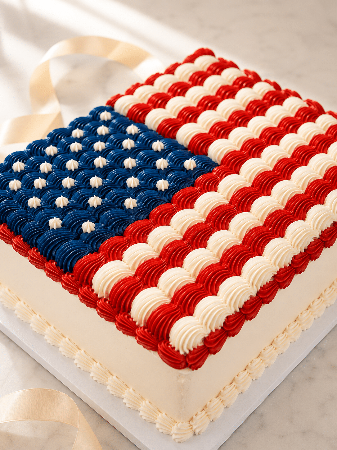 American Flag Cake decorated with handcrafted red, white, and blue buttercream piping by Crumbly NYC