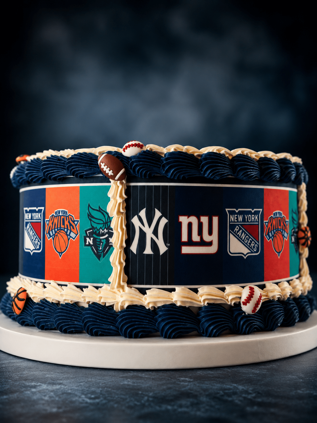 New York Sports Fan Cake with edible team logos, navy buttercream piping, and sports-themed decorations by Crumbly NYC
