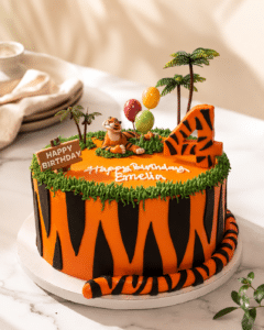 Tiger Birthday Cake with orange tiger stripes, fondant tiger details, grass piping, and personalized birthday decorations by Crumbly NYC