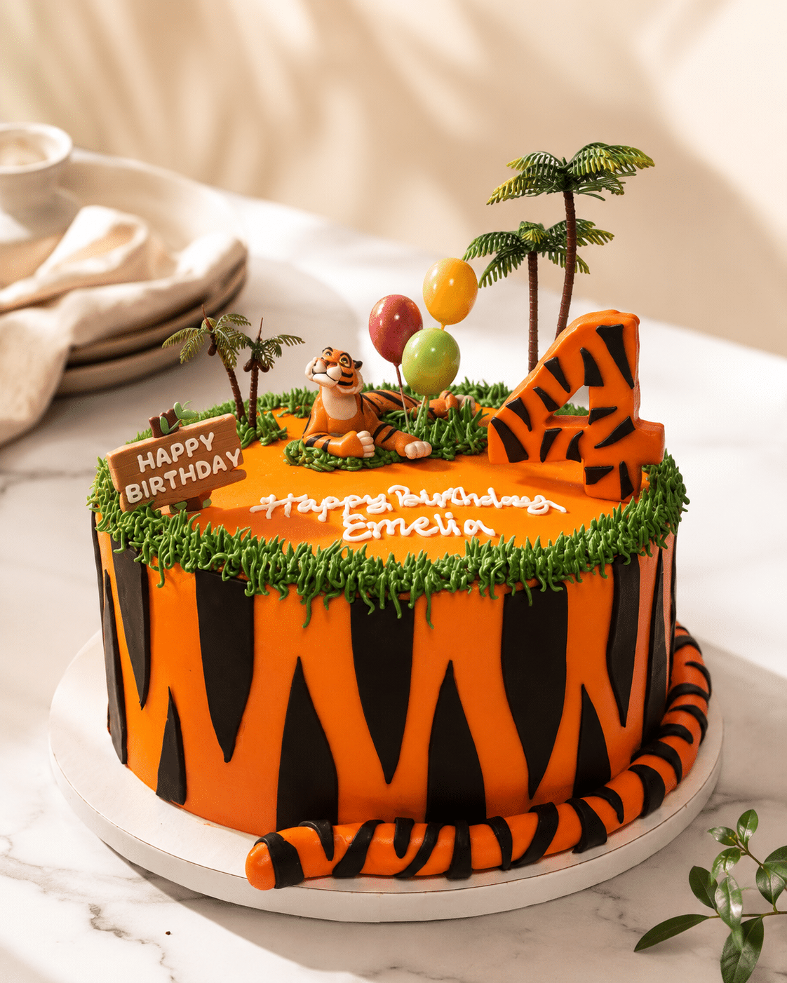 Tiger Birthday Cake with orange tiger stripes, fondant tiger details, grass piping, and personalized birthday decorations by Crumbly NYC
