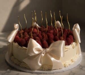 Raspberry Elegance Cake topped with fresh raspberries and elegant satin bows by Crumbly NYC