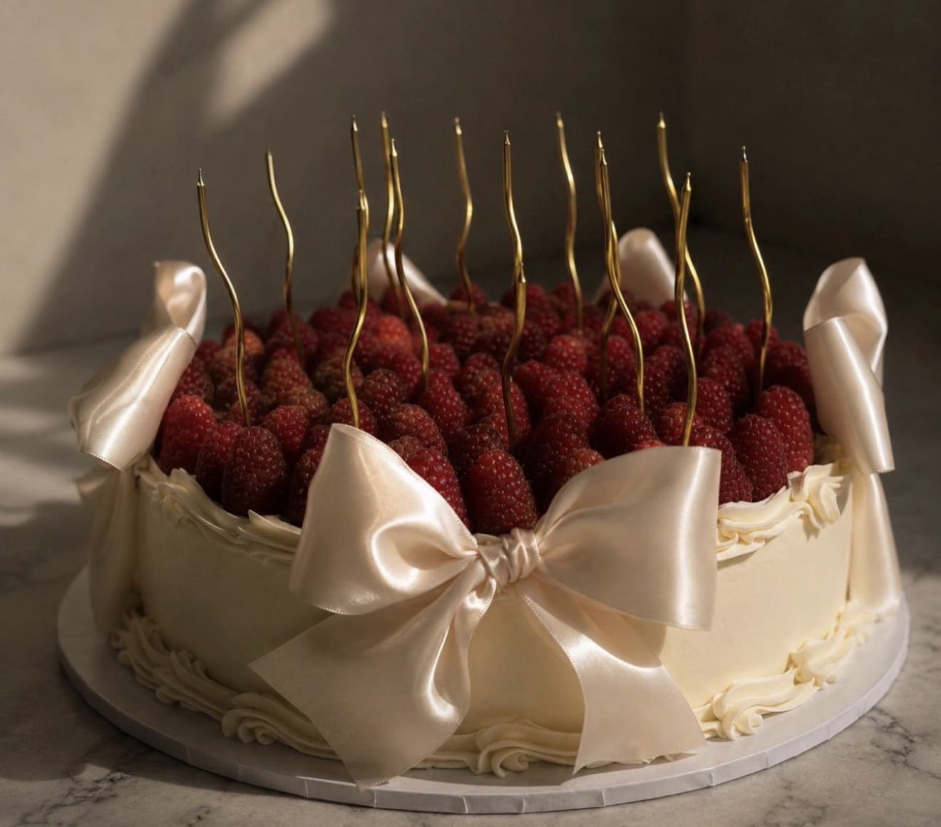 Raspberry Elegance Cake topped with fresh raspberries and elegant satin bows by Crumbly NYC