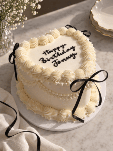 Vegan Heart Cake NYC by Crumbly Cafe & Bakery with vanilla vegan icing, classic piping, and optional black ribbon bows